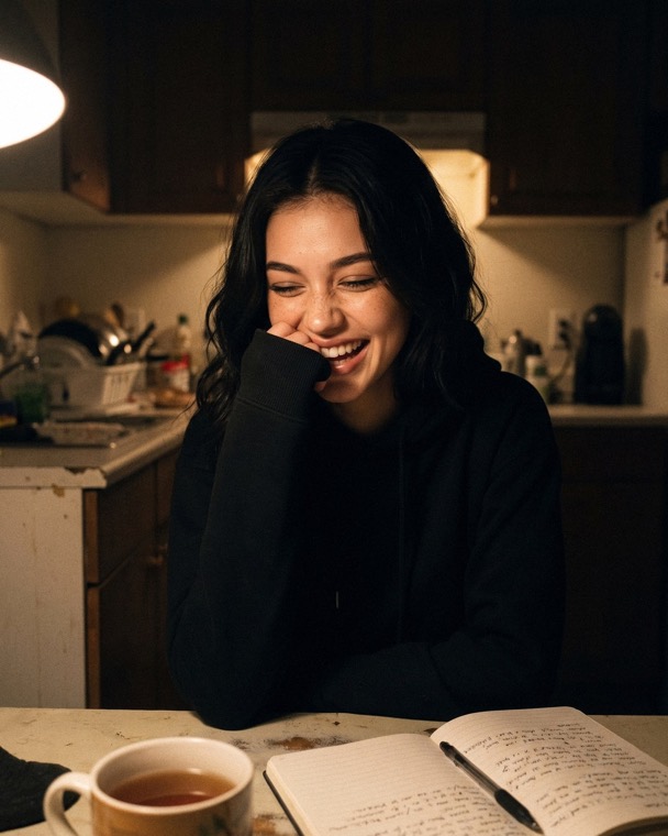 Nova Rai laughing at a kitchen table late at night