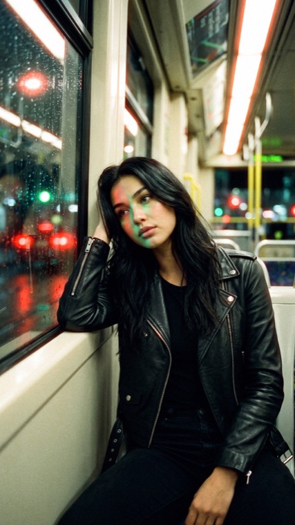 Nova Rai leaning against the window of the last tram at night
